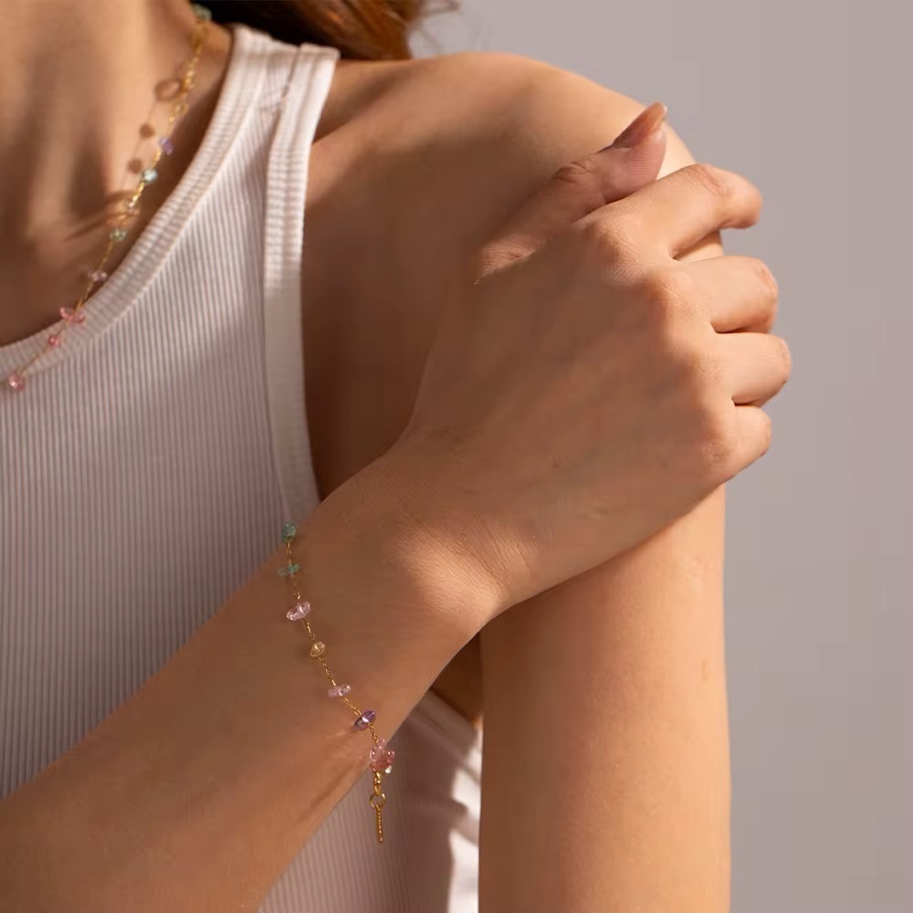 18K Gold Plated Colorful Natural Stone Beaded Bracelet - Picture 2 of 5